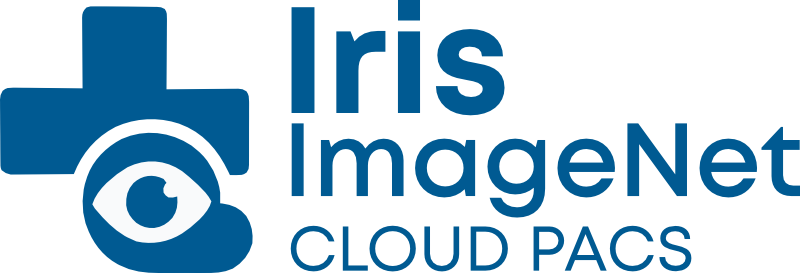 Λογότυπο Iris ImageNet Cloud PACS Λογότυπο Iris ImageNet με σταυρό, μάτι και την ένδειξη "CLOUD PACS"